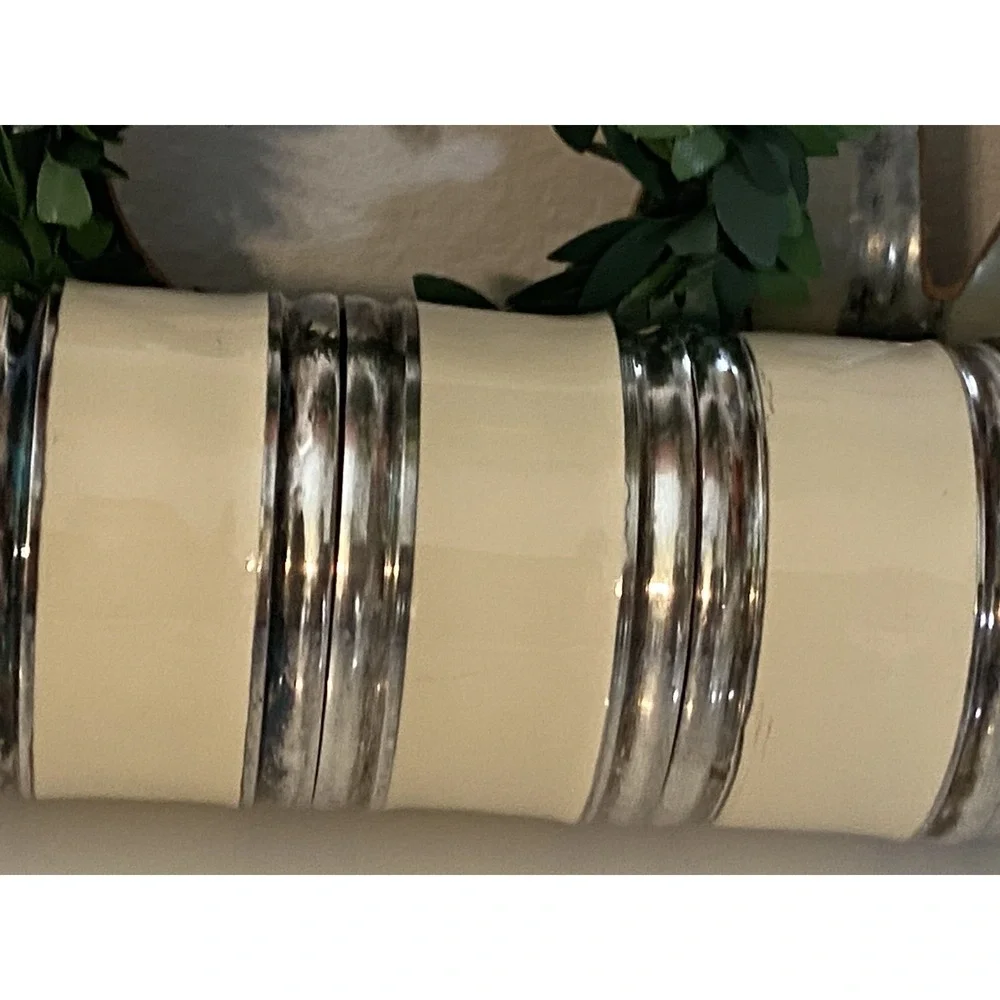 Vintage Set Of‎ 7 Silver Plated And Beige Enamel Napkin Rings Great Quality MCM